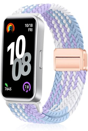 PaceBid Nylon Cinturino per Huawei Band 10/9/8, Uomini Donne Sport Intrecciato Nylon Magnetico Elastico Bracciali Cinturini di Ricambio per Huawei Band 9/Band 8/10 - Viola/Blu