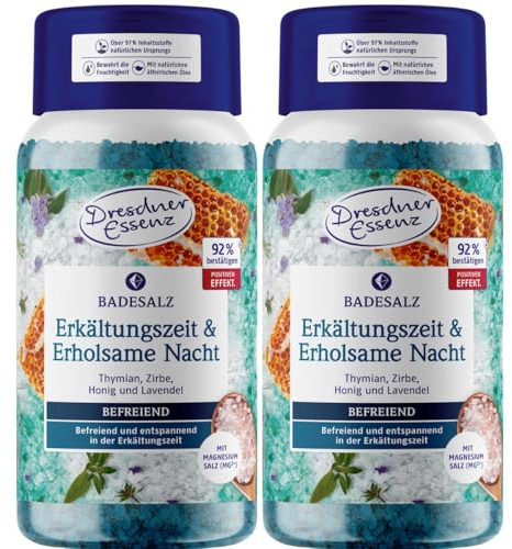 Dresdner Essenz Badesalz Erkältungszeit & Erholsame Nacht 2x 600g-Dose | Entspannend in der Erkältungszeit mit ätherischen Ölen und magnesiumhaltigem Epsom Salz | Thymian, Zirbe, Lavendel