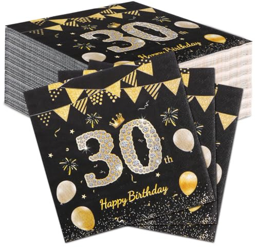 60 Stück Premium Servietten Schwarz Gold | Servietten für 30. Geburtstag (Frauen & Männer) | Elegante Geburtstagsdeko & Tischdeko | Luxus-Partyservietten für 30er Party | Geburtstagsservietten