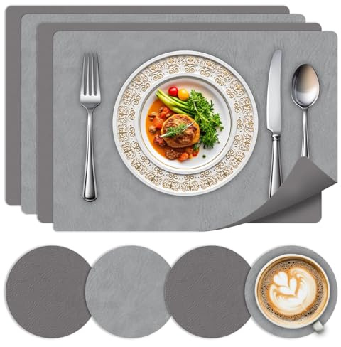 Tischsets Abwaschbar 4er Set-Hitzebeständige Platzset Abwischbar,Doppelseitiges Lederoptik Platzdeckchen Mit Untersetzer Für Küche, Haus, Restaurant,Dark Gray+Light Gray