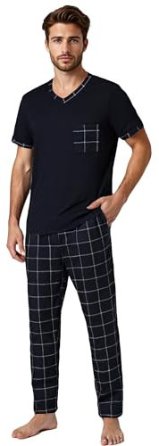 YUSHOW Pyjama Homme Hauts Manches Courtes col V et Carreaux Pantalon Long Pyjamas avec Poches Ensembles Vêtements de Nuit Été Doux Comfortable,Bleu Marine à Carreaux,M