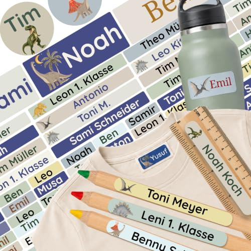 Petite Print® Namensaufkleber Schul-Set – (150 Stück) personalisierte Namensetiketten zur Einschulung, für Stifte & alle Schulsachen, wasserfest & waschmaschinenfest (Dino Trex)