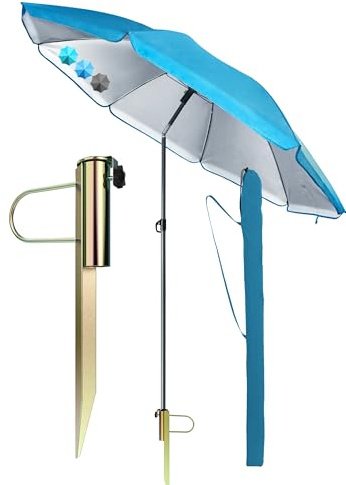 4smile Sonnenschirm Strand Ø 200 cm mit Rasendorn, 3-IN-1-SET, Blau | Strandschirm windfest stabil, Rasendorn Sonnenschirmhalter, Schirmhülle – UPF 50+ Sonnenschirm, Schirmspieß für Garten
