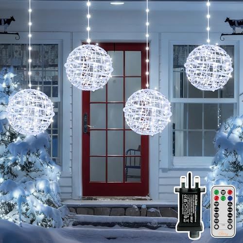 Ollny 4 Pack Christmas Ball Lights, Connectable Sphere Light with Plug Remote Mode Timer Dimmable IP67 Waterproof, Hanging Globe Lighting for Indoor Outdoor Holiday Xmas Tree Decorations (Cool White)