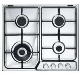De'Longhi DFI 46 ASDV Gaskochfeld 60 cm, 4 Brenner, 1 Doppelkrone, Edelstahl, Grillroste aus emailliertem Stahl, Griffe aus gebürstetem Metall, Linie Design