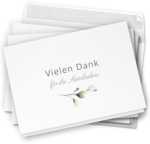 Danksagungskarten Trauer - 50 Danke Klappkarten mit Umschlägen | Zarte Blätter – Trauerkarten Danksagung Vielen Dank für Anteilnahme mit Text Dankeskarten Trauer nach Beerdigung
