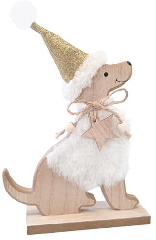 Logbuch-Verlag Weihnachtshund Holz 20 cm – Creme-goldene Dekofigur mit Stern und Glitzermütze – Weihnachtsdeko Hund zum Hinstellen