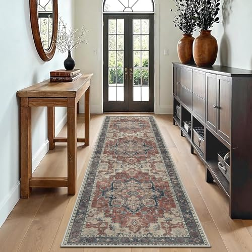 GENIMO Vintage Rot Teppich Läufer Flur 80x300cm Teppichläufer Waschbar | Waschbarer Teppich, Weich Rutschfest, Kurzflor im Retro, für Eingangsbereich, Badezimmer Schlafzimmer,für Flur Carpet