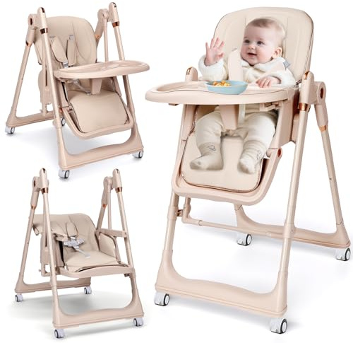 Plasaig Kinderhochstuhl 2 in 1 Babywippe Babyschaukel 5 Höhenstufen, 3 Neigungspositionen, 4 Tablettpositionen, kompakt faltbar, multifunktional, für 6 Monate bis 4 Jahre, bis 25 kg (Hellbraun)