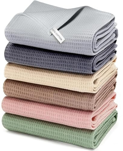 Geschirrtücher 100% Baumwolle 6 Stück Geschirrhandtücher 35x35cm Waffelstruktur Küchenhandtücher Weiche Küchentücher Saugfähig Waffeltücher Premium Geschirrtuch Putzlappen Trockentücher - 6 Farben