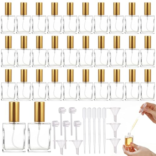 SWEWARM 32 Pcs Glass Perfume Spray Bottles with 15 Dispensing Tools, 15 ml Mini Refillable Perfume Atomizer Bottle, Travel Perfume Bottle, 1.4 x 3.1 in