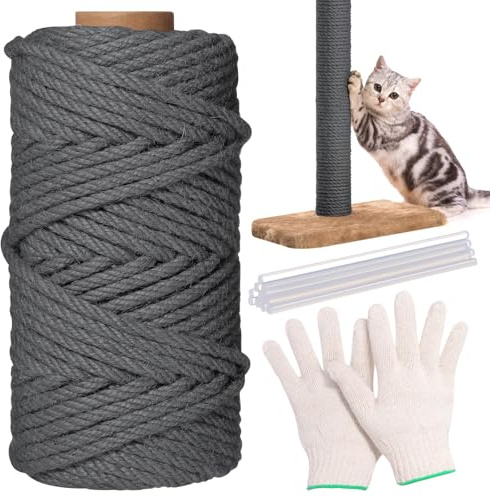 Wowangce 1/4inch ×164ft Natural Cat Tree Boho Colorful Jute Rope, Repair and Replace Scratching Post Sisal Rope for Cat Tree Tower Scratching Post DIY(Grey)