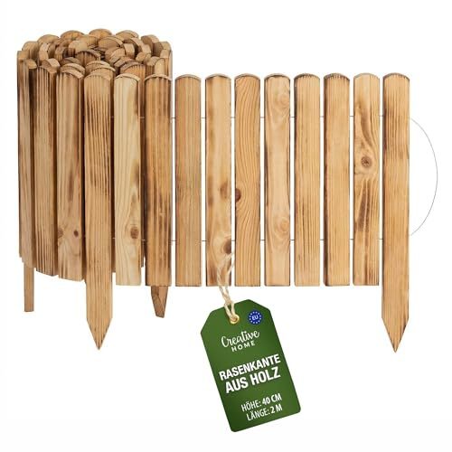 Creative Home Rasenkante Beeteinfassung Holz 200 x 40 cm (L x H) Geflammt | Flexible Beetumrandung 40 cm hoch Gartenzaun zum Stecken | Als Beetbegrenzung, Holzzaun, Deko Zaun, Mähkante, Beetzaun