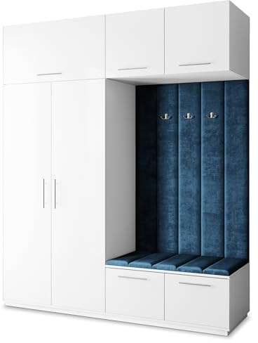 Masseno Flugarderoben Set Rema, Kleiderschrank-Set mit Sitzbank, Garderobenschrank Flur mit 5 Regalböden, Weiß