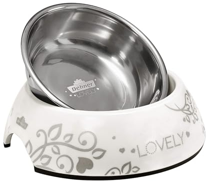 Dehner Premium Lovely Katzennapf, Ø 14 cm, Höhe 4.7 cm, 160 ml, spülmaschinenfest, Melamin/Edelstahl/Gummi, weiß