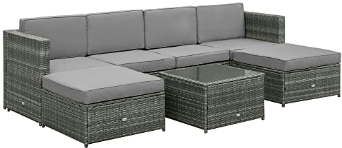 Outsunny 7-TLG. Polyrattan Gartengarnitur Gartenmöbel Garten-Set Sitzgruppe Loungeset Loungemöbel inkl. Fußhocker Sitzkissen Grau Stahl + Polyester 58 x 58 x 37 cm