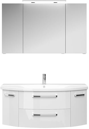 Lomadox Badmöbel Waschplatz-Set in Hochglanz weiß, 121cm Waschtisch mit Waschbecken & LED-Spiegelschrank