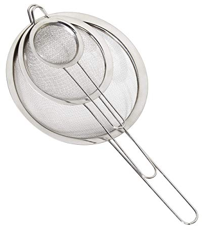 Relaxdays, Acero inox Set de tres coladores, ∅ 7, 12 & 18 cm, Con mango, Tamiz para harina, inoxidable