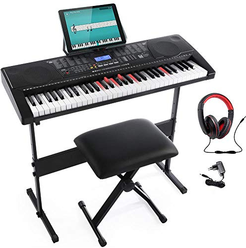 Bakaji Tastiera Musicale Pianola Elettronica 61 Tasti Luminosi Pianoforte Multifunzione con Supporto Sgabello e Cuffie 255 Ritmi50 Brani Ingresso AUX e Leggio per Smartphone/Tablet