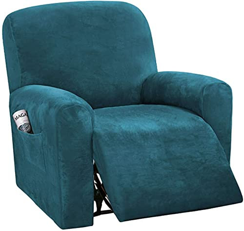 Velours Housse De Fauteuil Relax Extensible, 4 Pièces Doux Housse De Chaise Inclinable avec Poche Latérale Antidérapant Lavable Couvre pour Canapé pour Salon-Bleu-A-Fauteuil inclinable