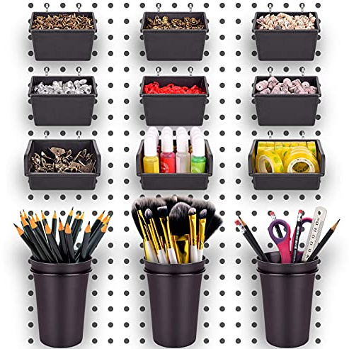 Pegboard Bins PegBoard Cups with Hooks & Loops 12 Pack Set, Peg Hooks Assortment Organizer Accessory, Various Tools Storage Arrange System Kit, for Garage Craft Workshop Workbench Hobby Office (12)