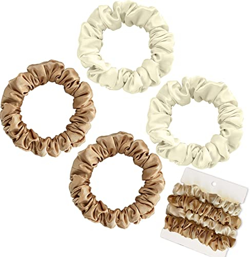 Olakin Seide Haargummi [4 Tlg], Damen Haare Ringe, Pferdeschwanz Halter Hairband, Silk Haarschmuck für Mädchen Damen, Elastische Pferdeschwanz(Weiß und Gold)