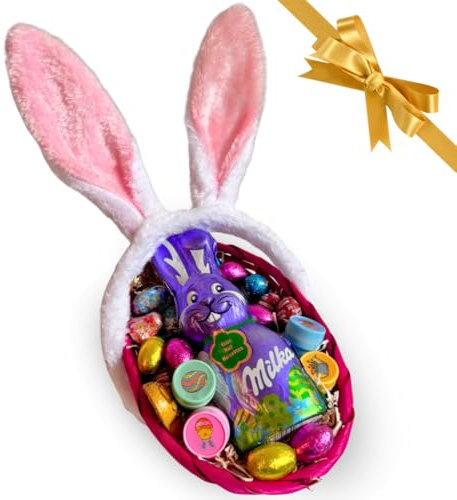 Idee Regalo Festa della Mamma 2025 - Cestino Vimini con 200gr Ovetti di Cioccolato Assortiti + 95gr Coniglio di Cioccolato + Cerchietto Pasquale + Omaggio a Tema