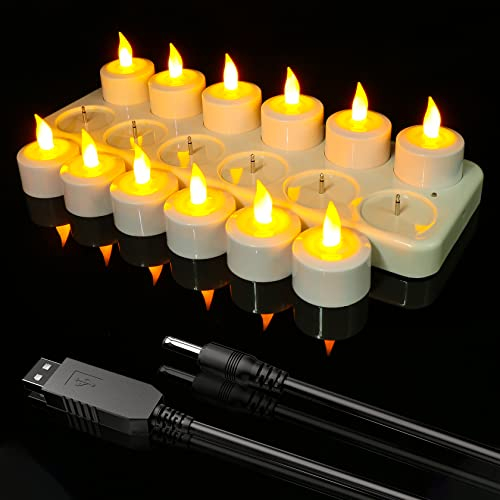 Ymenow USB Rechargeable Candles, 12pcs Flameless Rechargeable Tea Lights LED Battery Operated Candles with Charging Station & USB Cable for Home Wedding Halloween Thanksgiving Christmas Decorations