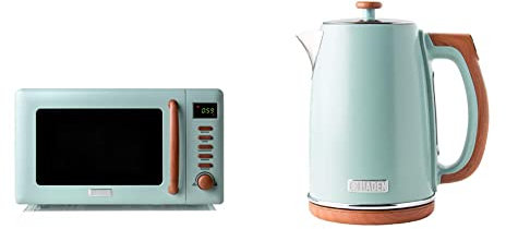Haden Dorchester Sage Green Microwave With Wood Effect Finish, 20ltr Capacity, 800W, 5 Power Levels & Dorchester Digital Variable Temperature Kettle, 3000W, 1.7Litre, Matt Sage Green