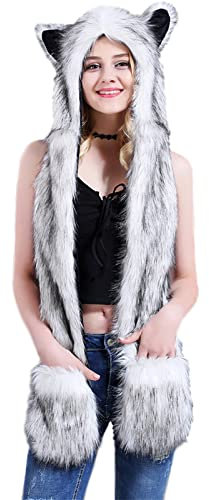 Malaxlx Damen Herren Winter Kunstpelz Flauschig Pelzigen Husky Tier Kapuze Mütze mit Ohren Schal Pfoten Prints Tasche Handschuhe 3 in 1 Combo