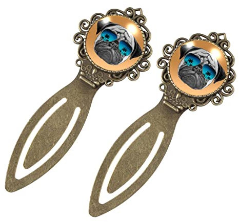2 Stück Lustiger Mops mit Brille Sommer Lesezeichen, Buchmarker im Vintage-Stil für Buchliebhaber, Schriftsteller, Leser, Lehrer, Geburtstagsgeschenke für Frauen, Männer, Teenager