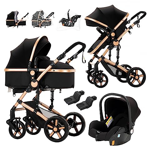 Prokoke Passeggino Trio, Trio Passeggino Neonati con Due Modi Reversibili per Spingere, Passeggino 3 in 1 con Una Lega di Alluminio a Cornice, Trio con Design Pieghevole in Un Clic (black gold 588)