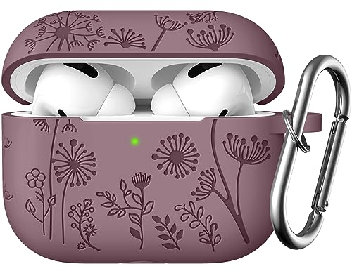 Easuny Flower Engraved Case Compatible with AirPods Pro 2 Case Cover 2022, Soft Silicone Case for Apple AirPods Pro 2nd/1st Generation, Shockproof Case with Carabiner [Front LED Visible], SmokyViolet