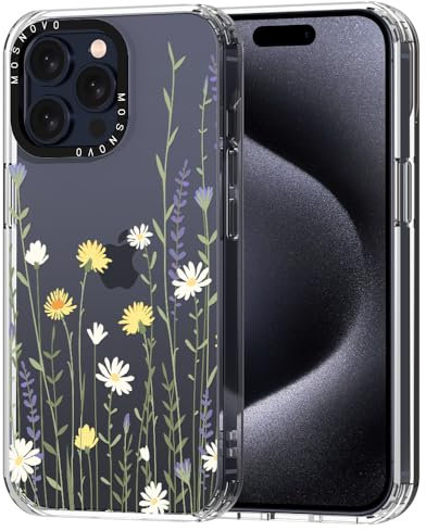 MOSNOVO Case for iPhone 15 Pro Max, [Buffertech 6.6ft Military-Grade Drop Protection] [Anti Peel Off Tech] Clear TPU Bumper Phone Case Cover Design - Wild Meadow