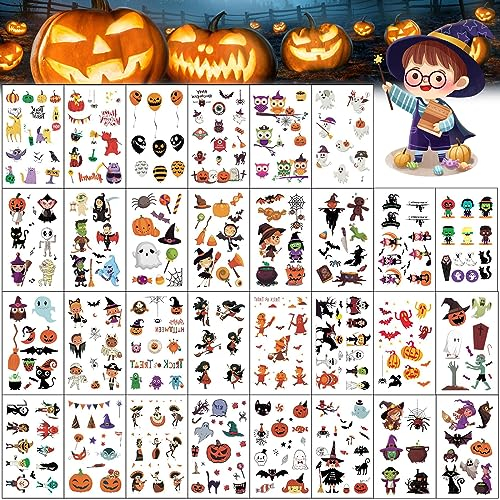 Halloween Tattoo Kinder, 30 Blätter Halloween Temporäre Tattoos, Wasserdichte Kürbis/Geister/Skelett/Hexen/Spinne Hautfreundliche Kindertattoos Aufkleber für Halloween Party Geschenkidee