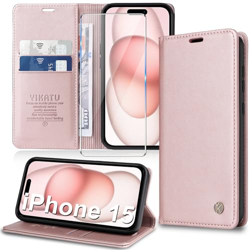 Migexxkj Handyhülle für iPhone 15 Hülle [mit Schutzfolie][Premium PU Leder] Klapphülle Kartenfach Magnetic Ständer Flip Case Cover Etui Tasche Schutzhülle für iPhone 15 6.1“ (pink)