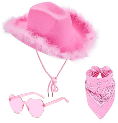 ZOOMPIL Rosa Cowboyhut, Cowboy Hut für Damen, Filz Cowboyhut, mit Herz Brille, Rosa Bandana, Cosplay Party Halloween Karneval Kostüm Zubehör, 3 Stück