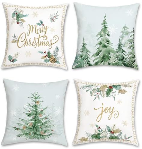 Bonhause 4er Set Kissenbezüge Weihnachten Baum 45 x 45 cm Grün Kiefer Schneeflocke Joy Xmas Samt Soft Dekorative Kissenhülle Zierkissenbezüge für Sofa Schlafzimmer Feiertag Dekoration