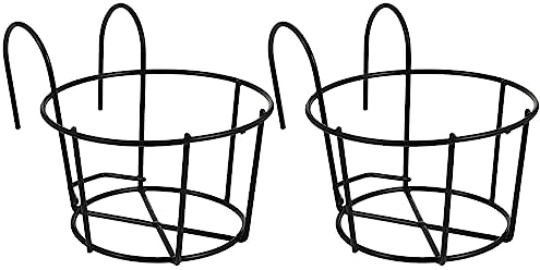 DOITOOL 2 Pack Round Metal Hanging Railing Planters, Wire Pot Holder Plants Hangers Black Potted Stand Iron Rack Balcony Planter Basket for Outdoor Balcony Fence, Size S