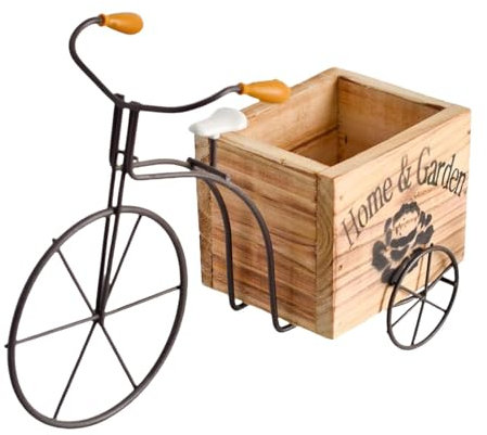 Ronyme Fahrrad Blumentopf Fahrrad Pflanzer Ornament Blumentopf Dreirad Pflanzenständer Holz Blumenkasten für Innenhof Fensterbank Regal, Holzfarbe
