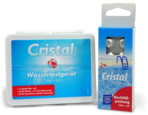 Cristal Pool Chlor & pH Wassertester + Nachfüllpackung - Pooltester manuell - Inklusive pH-Wert Phenol Red & Chlor DPD 1 Testtabletten