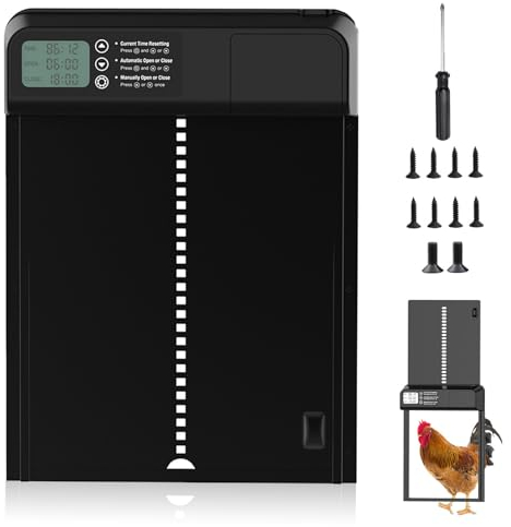 Automatische Hühnerklappe,Aluminiumlegierung Hühnertür,Elektrische Hühnerklappe,Automatische Hühnerstalltür mit Timer,manuelle,und Wasserdicht Großes Display,Batterie,Intelligenter Einklemmschutz
