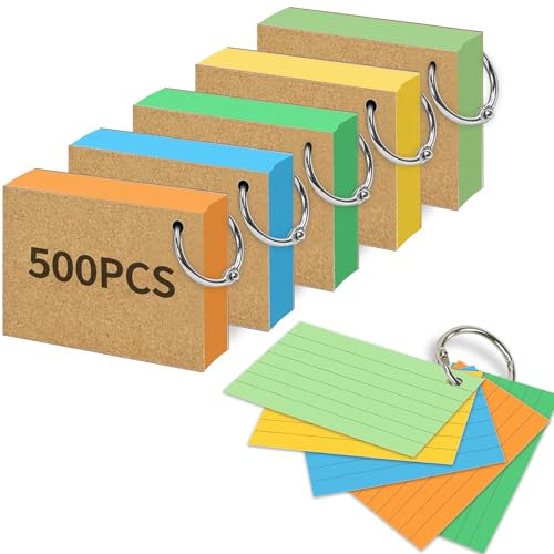 Rhimooay 500 Stück Karteikarten A8 liniert, 220g/m² Verdickte Karteikarten, Vokabelkarten Lernkarten Flashcards mit 10 Binderinge und 20 Stück Kraftpapier für Unterwegs Lernen, 5 leuchtende Farben