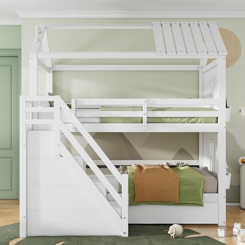 ZYLOYAL10 Kinder-Etagenbett, 90 * 200cm, Multifunktionales Kinderbett, mit Stauraumtreppe & Schubladen & Regalen, Extra großer Stauraum, Ohne Matratze, Kiefer + MDF, Weiß