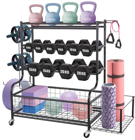 Leogreen Hantelständer, Yogamatten-Aufbewahrungsregal, Multifunktionaler Kurzhantelständer für Hanteln, Yoga Matte, Faszienrolle, Kettlebell, Heim-Fitness-Aufbewahrungs-Organizer mit Haken und Rädern