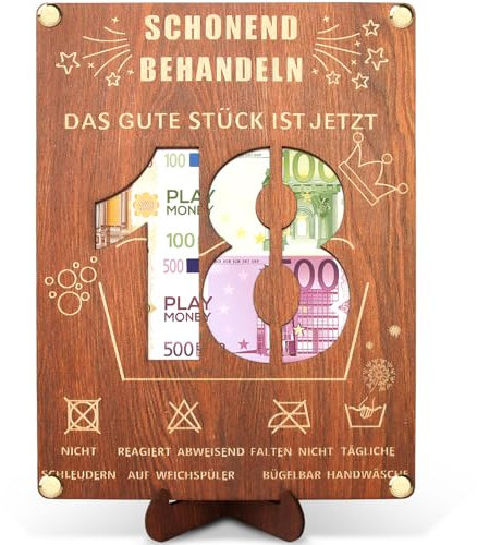 Holz-Geldgeschenke für den 18. Geburtstag - 20 x 15cm mit Ständer und Grußkarte, Witzige Geschenke für Mädchen und Jungen