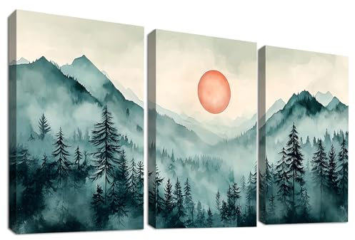 3Pcs Grüner Wald Sonnenaufgang Mit Rahmen Leinwand Bilder Abstrakte Neblige Berge Landschaft Bild auf Leinwand Malerei Wandbilder Wohnzimmer Schlafzimmer Badezimmer Wanddeko 90x40cm (12x16x3pcs)