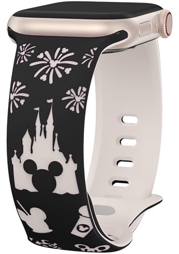 BEEXI Cartoon Engraved Compatible with Apple Watch Straps 38mm 40mm 41mm 42mm Women, Two-Tone Silicone Cute Sport Bands for iWatch Series 10 9 8 7 6 5 4 3 2 1 SE, Black & Starlight
