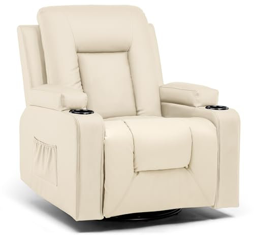 COMHOMA Fauteuil Relax avec Dossier et Repose-Pieds Réglables, Chaise Pivotante 360° avec Porte-Gobelets et Poches Latérales, Design Ergonomique avec Soutien Complet du Corps, Cuir PU, Beige