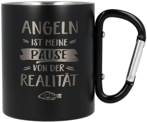 Spruchreif | Edelstahltasse mit Karabinerhaken Henkel mit Gravur Angeln ist meine Pause... in Schwarz Matt | Anglergeschenk | Lustige Geschenkideen für Angler